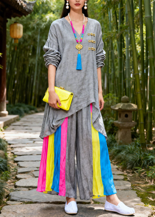 Vintage Colorblock V Neck Patchwork Cotton 2 Piece Outfit Summer