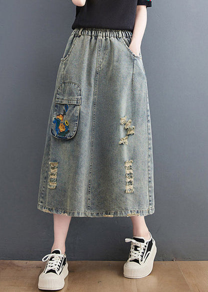 Vintage Denim Blue Hole Elastic Waist A Line Skirts Summer
