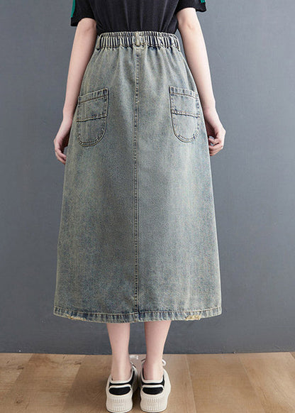 Vintage Denim Blue Hole Elastic Waist A Line Skirts Summer