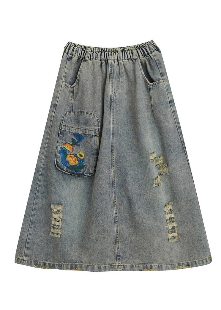 Vintage Denim Blue Hole Elastic Waist A Line Skirts Summer
