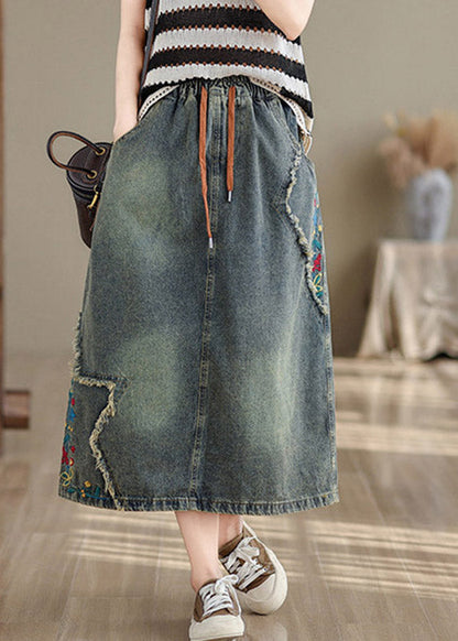 Vintage Denim Blue Pockets Patchwork Tie Waist Maxi Skirt Summer