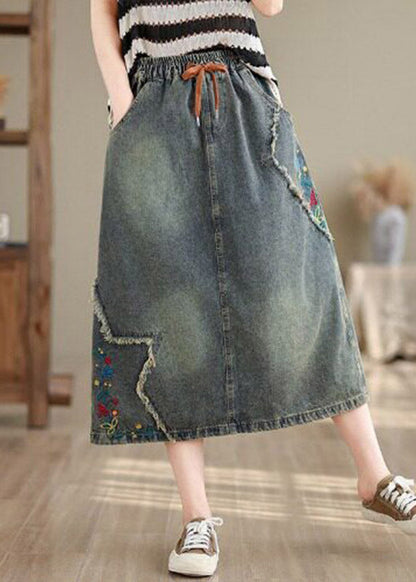Vintage Denim Blue Pockets Patchwork Tie Waist Maxi Skirt Summer