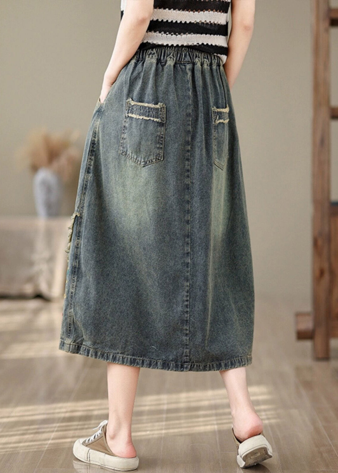 Vintage Denim Blue Pockets Patchwork Tie Waist Maxi Skirt Summer