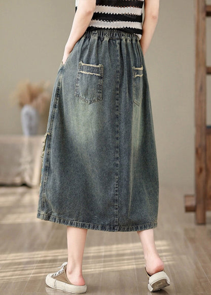 Vintage Denim Blue Pockets Patchwork Tie Waist Maxi Skirt Summer