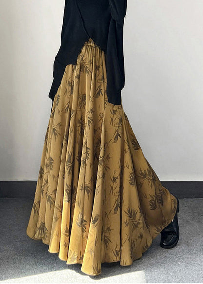 Vintage Golden Bamboo Print Exra Large Hem Silk Skirt Spring