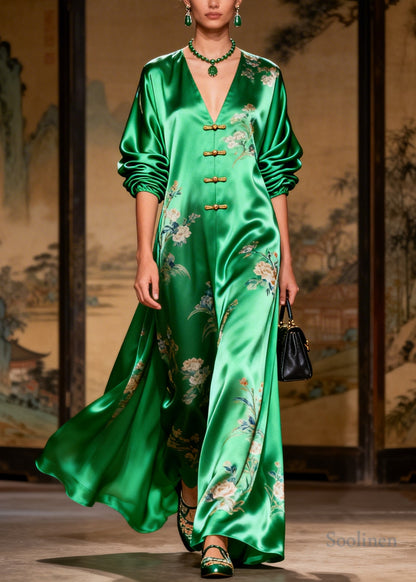 Vintage Grass Green Print Chinese Button Draping Silk Dress Long Sleeve