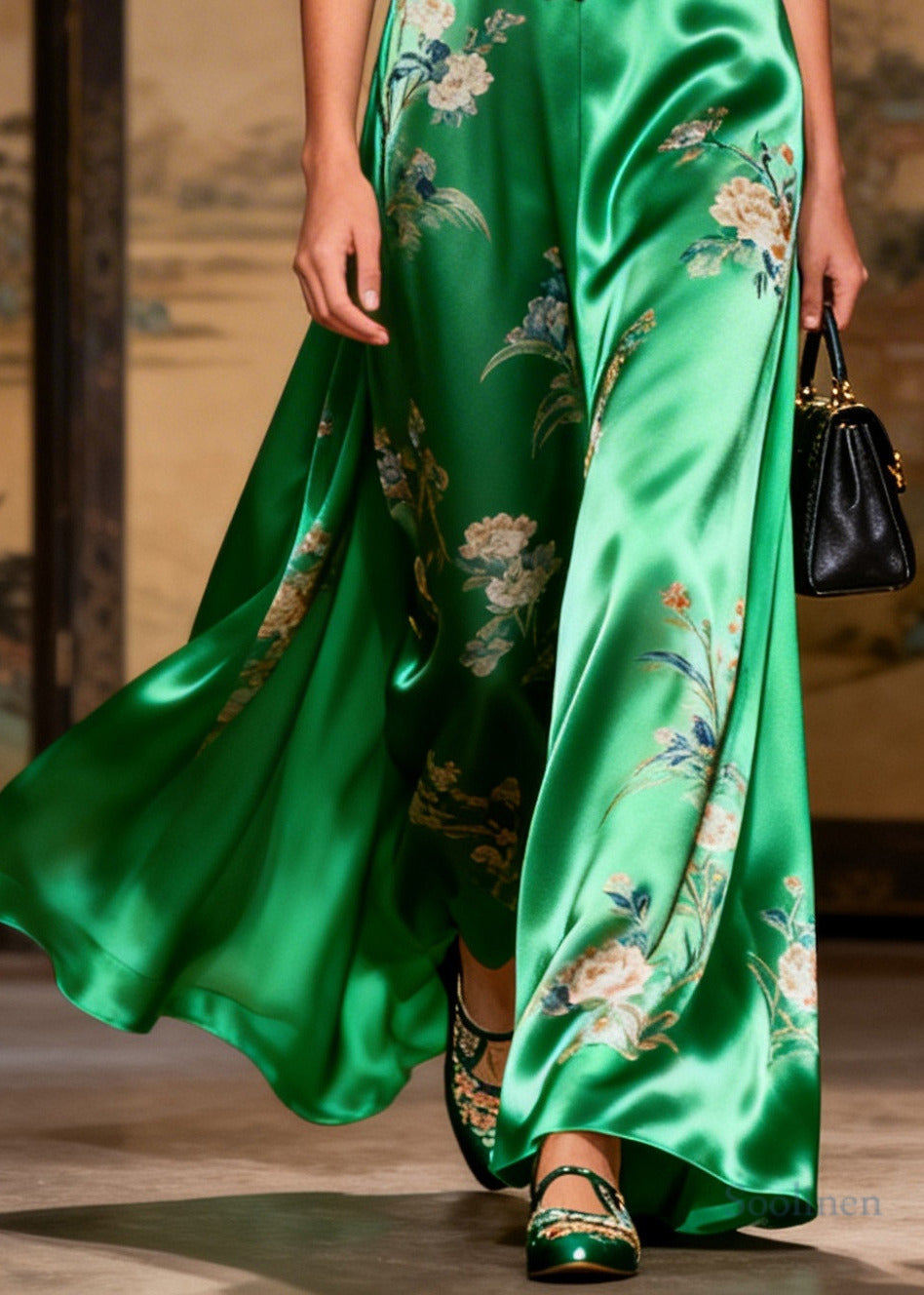 Vintage Grass Green Print Chinese Button Draping Silk Dress Long Sleeve
