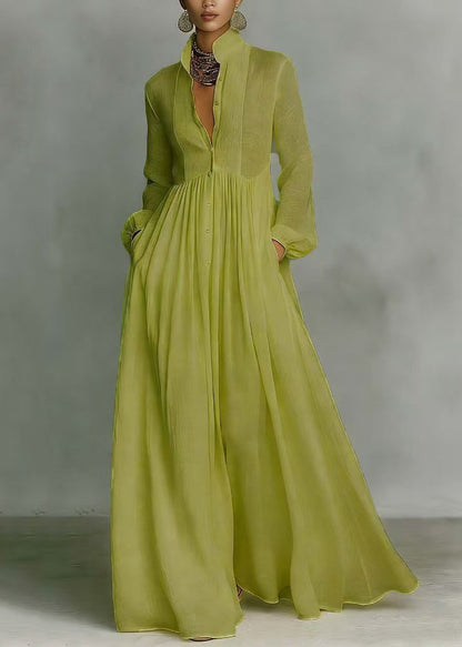 Vintage Grass Green Stand Collar Exra Large Hem Cotton Holiday Dress Summer
