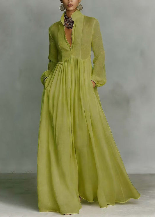 Vintage Grass Green Stand Collar Exra Large Hem Cotton Holiday Dress Summer