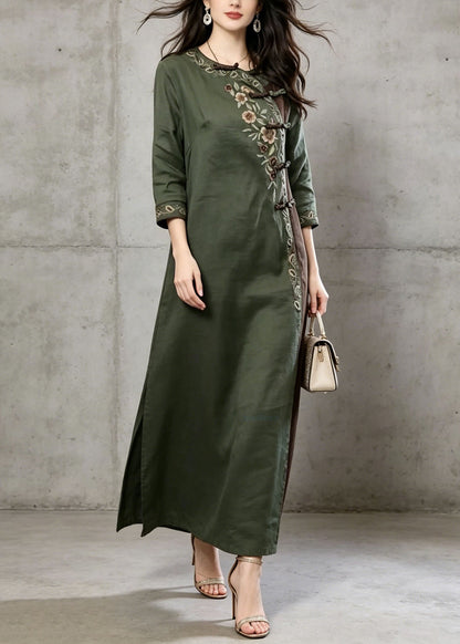 Vintage Green Embroidered Chinese Button Cotton Dress Summer