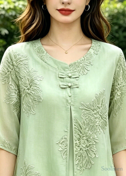 Vintage Green Embroidered Silk Fake Two Piece Shirts Summer