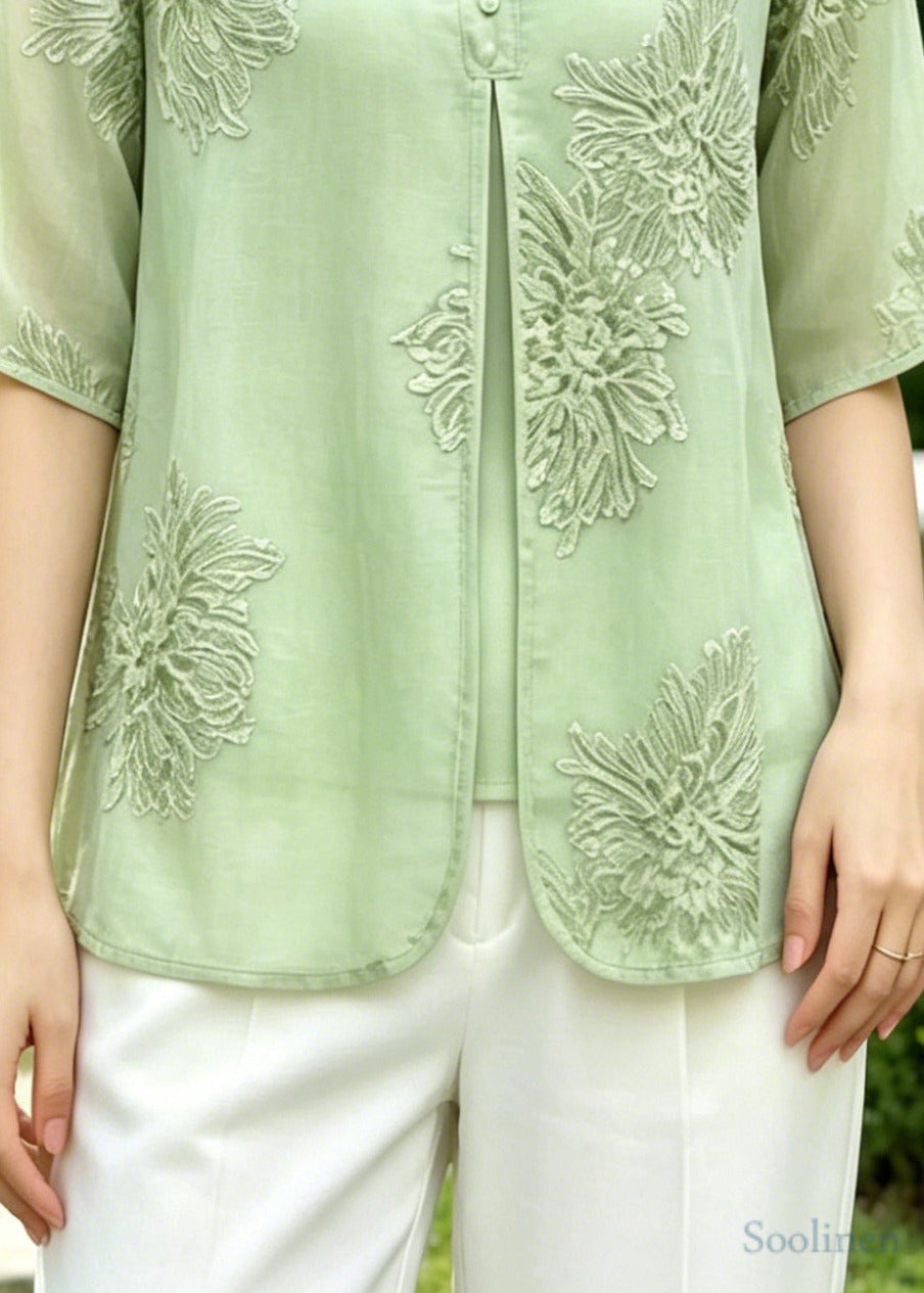 Vintage Green Embroidered Silk Fake Two Piece Shirts Summer