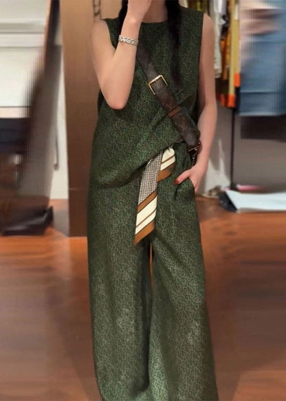 Vintage Green O-Neck Satin Vest And Wide Leg Pants Two Pieces Set Summer