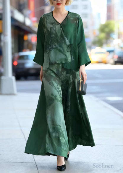 Vintage Green Print Draping Silk Oriental Two Piece Set Women Clothing Spring