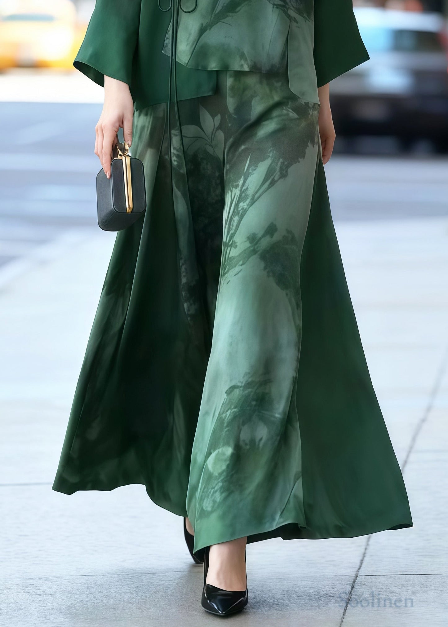 Vintage Green Print Draping Silk Oriental Two Piece Set Women Clothing Spring