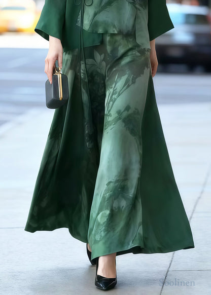 Vintage Green Print Draping Silk Oriental Two Piece Set Women Clothing Spring