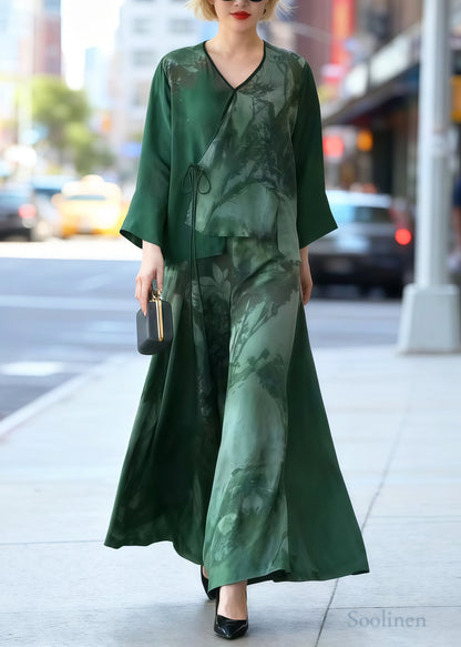 Vintage Green Print Draping Silk Oriental Two Piece Set Women Clothing Spring