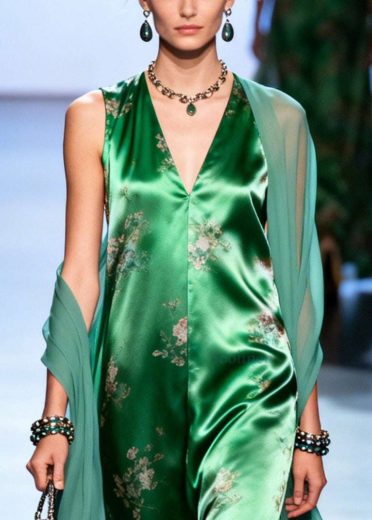 Vintage Green Print Patchwork Tulle Holiday Dress Summer