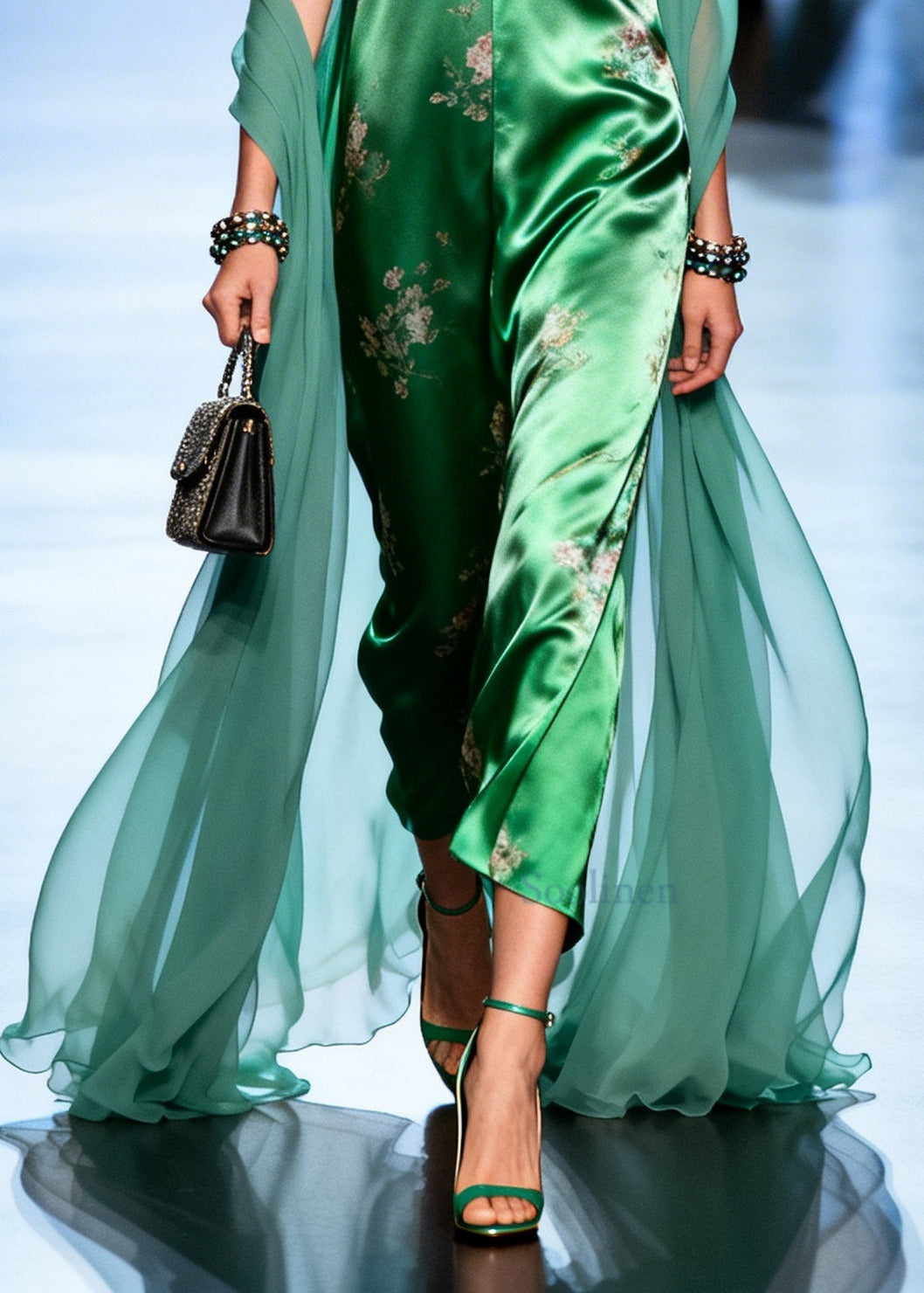 Vintage Green Print Patchwork Tulle Holiday Dress Summer