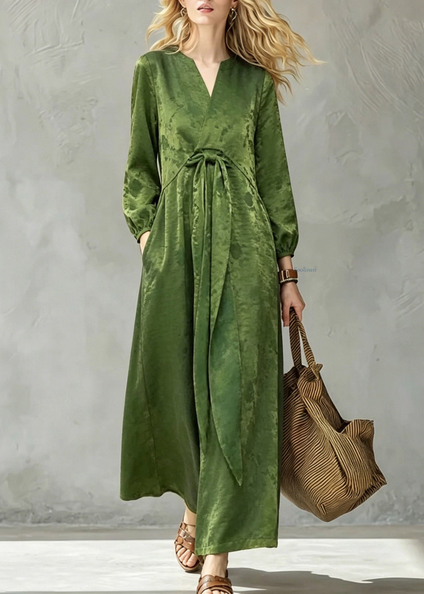 Vintage Green Print Pockets Bow Long Dress Fall