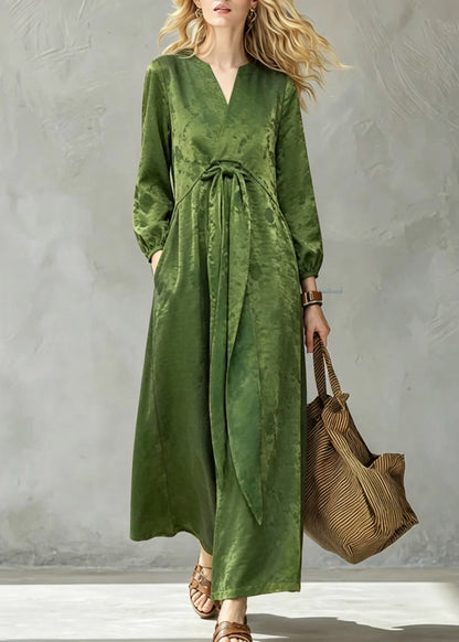 Vintage Green Print Pockets Bow Long Dress Fall