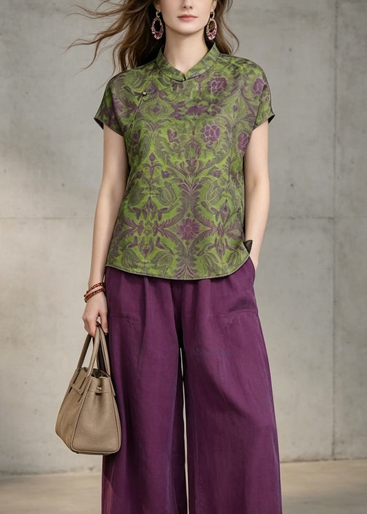 Vintage Green Print Top And Purple Pants Cotton Two Pieces Set Summer