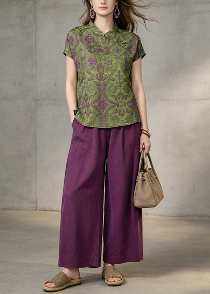 Vintage Green Print Top And Purple Pants Cotton Two Pieces Set Summer