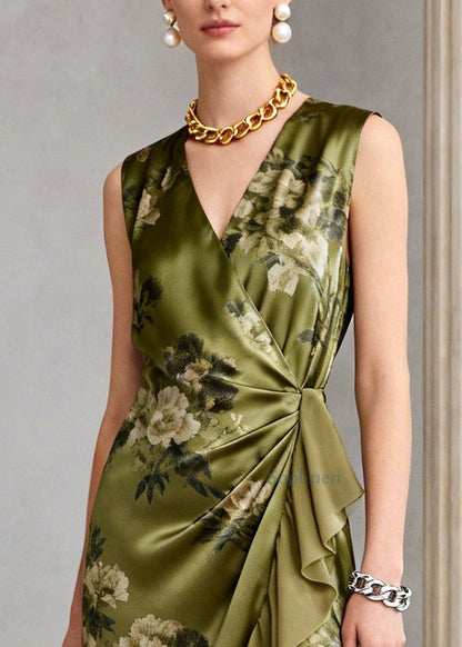 Vintage Green Ruffled Print Chiffon Long Dress Sleeveless