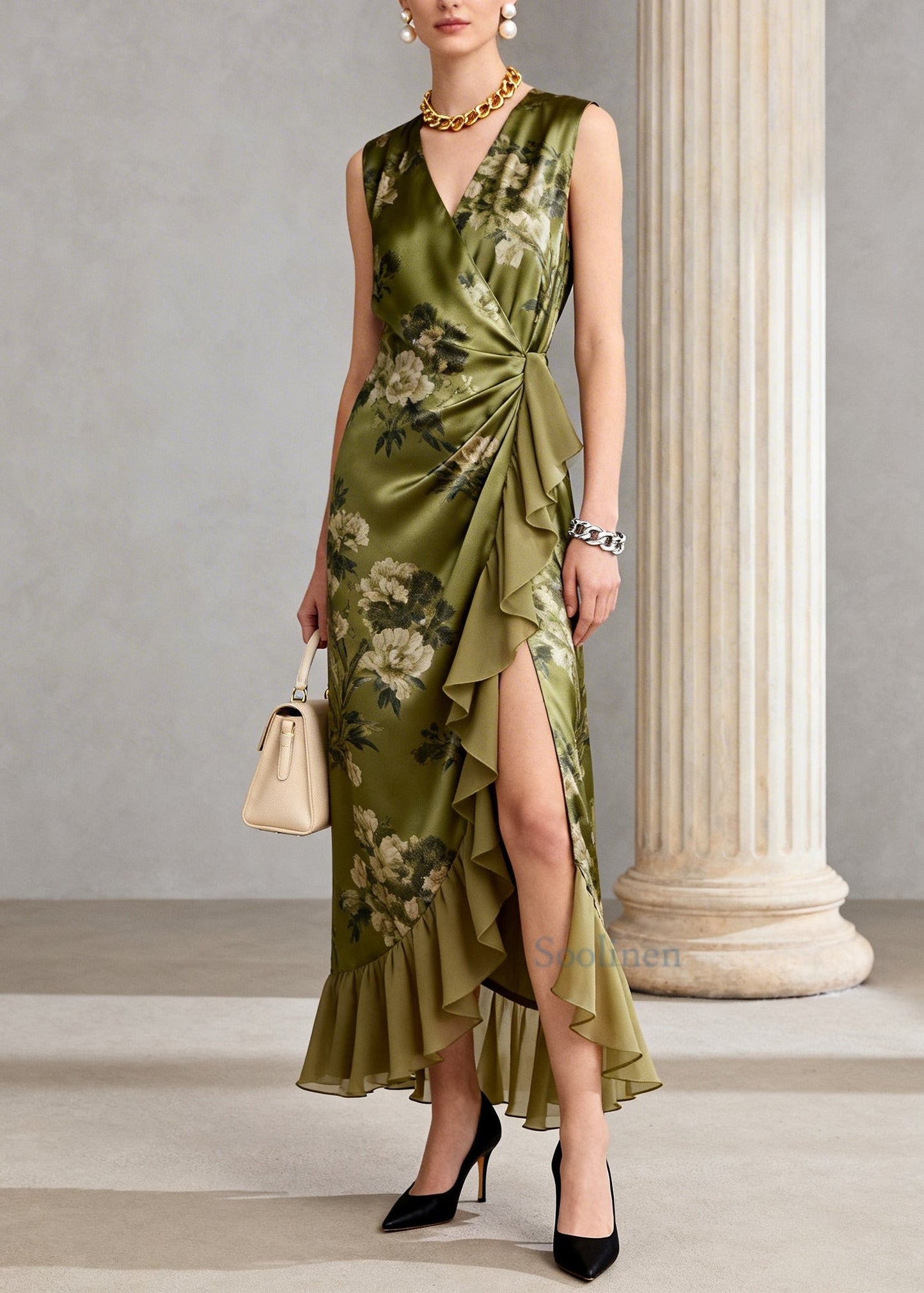 Vintage Green Ruffled Print Chiffon Long Dress Sleeveless