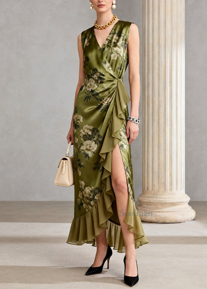 Vintage Green Ruffled Print Chiffon Long Dress Sleeveless