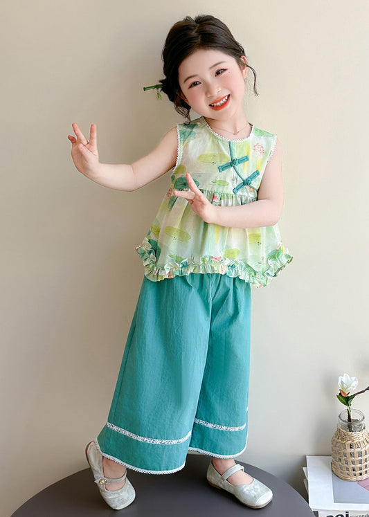 Vintage Green Ruffled Print Cotton Kids Girls Two Pieces Set Summer