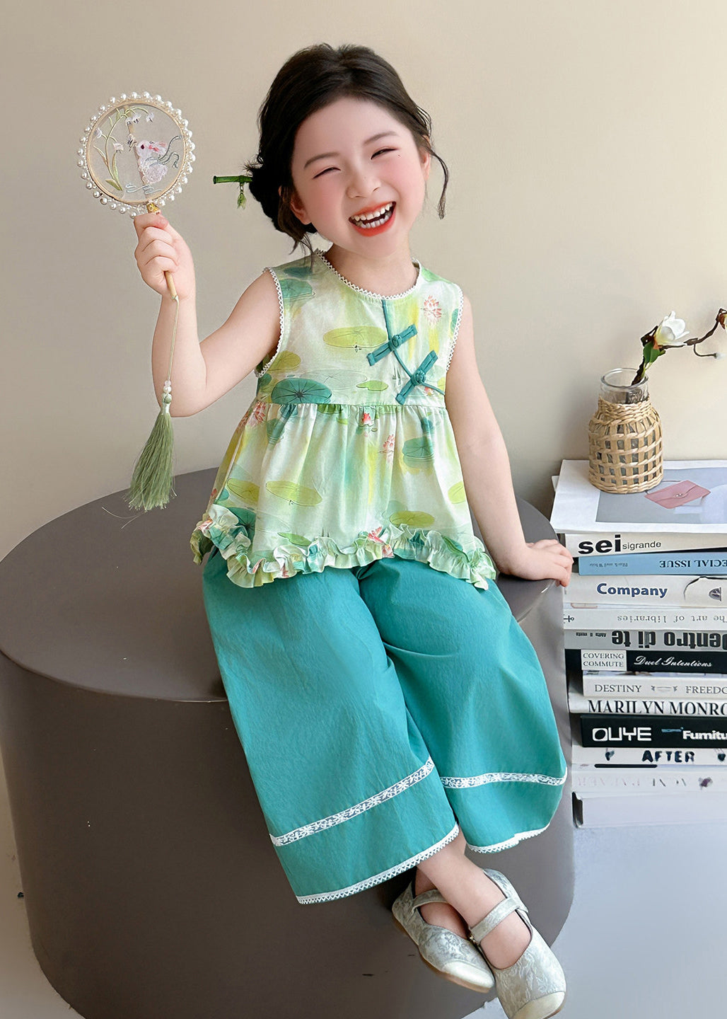 Vintage Green Ruffled Print Cotton Kids Girls Two Pieces Set Summer