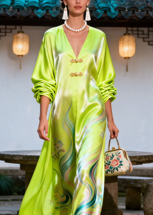 Vintage Green V Neck Print Chinese Button Silk Dress Summer