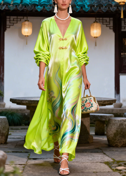 Vintage Green V Neck Print Chinese Button Silk Dress Summer