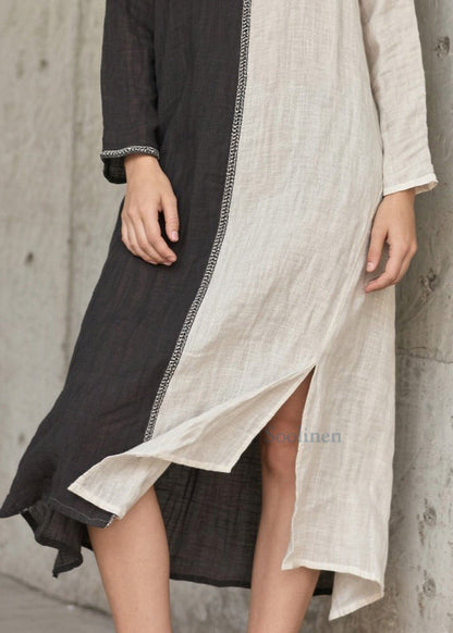Vintage Grey Asymmetrical Patchwork Side Open Cotton Vacation Dresses Spring