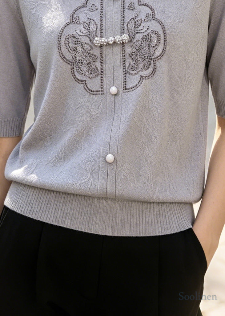 Vintage Grey Blue Jacquard Chinese Button Knit Shirt Top Summer