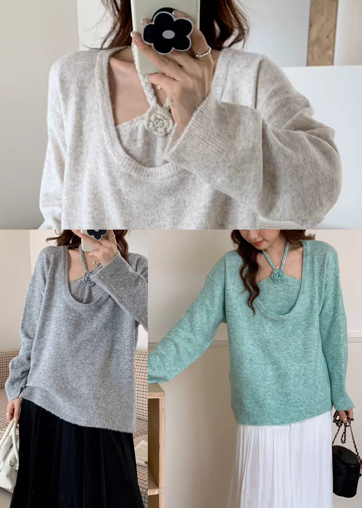 Vintage Grey Halter Floral Knit Pullover Two Piece Set Winter