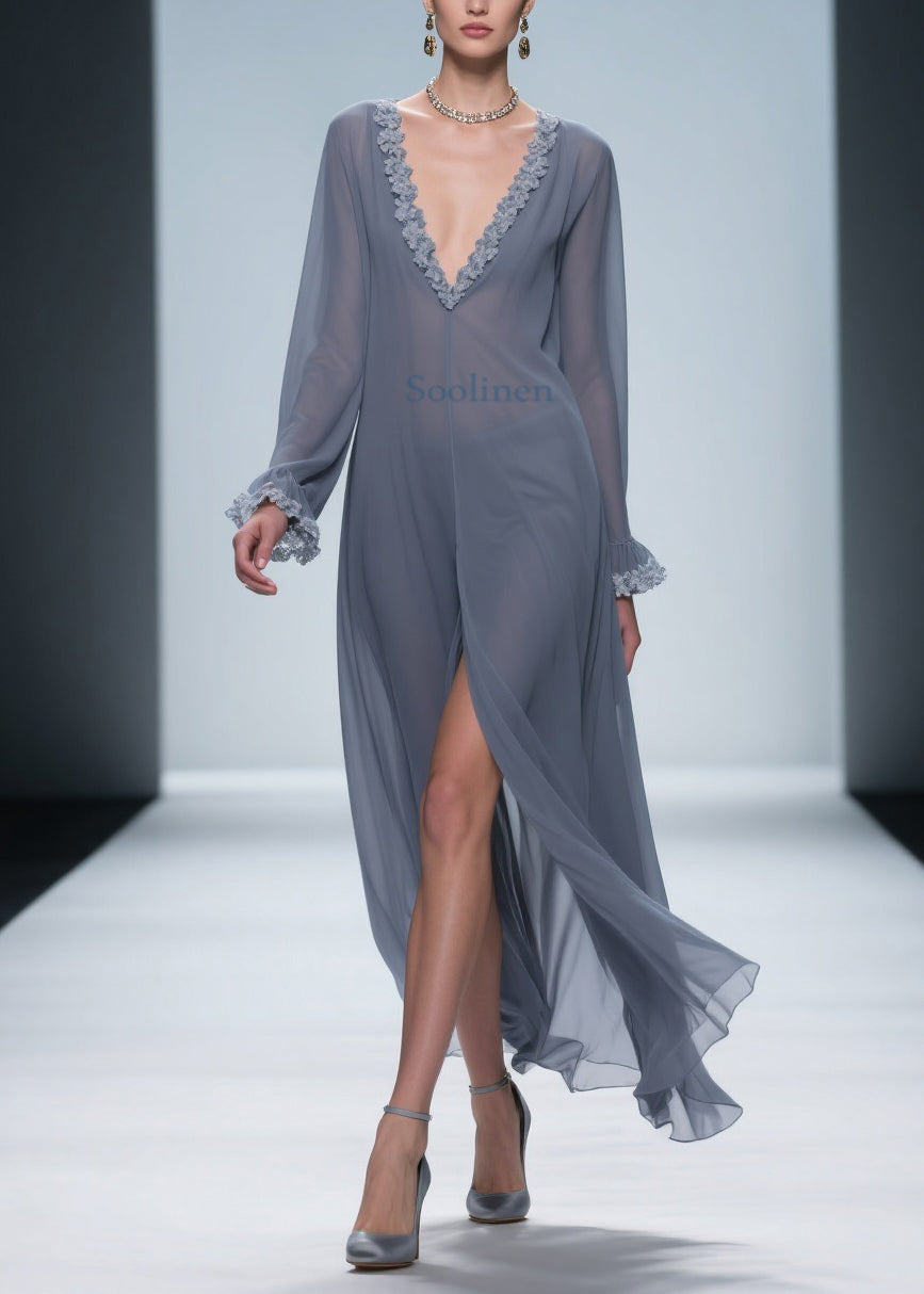 Vintage Grey Lace Side Open Chiffon Dress Flare Sleeve