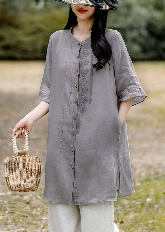 Vintage Grey O-Neck Embroidered Long Linen Shirt Short Sleeve