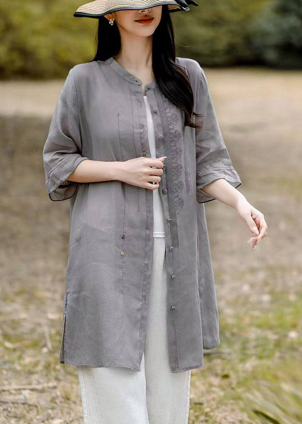 Vintage Grey O-Neck Embroidered Long Linen Shirt Short Sleeve