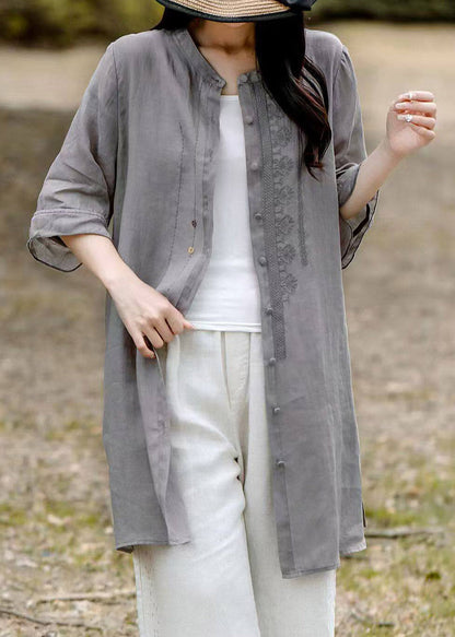 Vintage Grey O-Neck Embroidered Long Linen Shirt Short Sleeve
