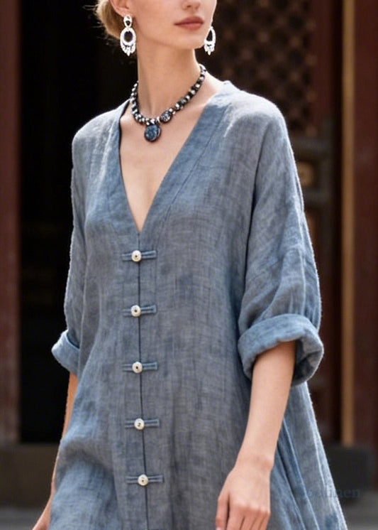 Vintage Grey Oversized Chinese Button Cotton Shirt Dresses Summer