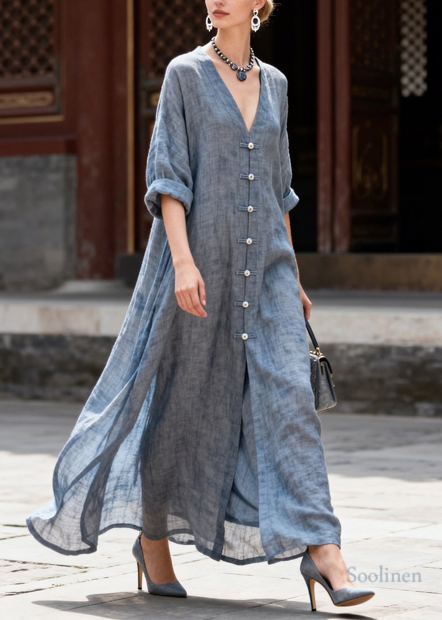 Vintage Grey Oversized Chinese Button Cotton Shirt Dresses Summer