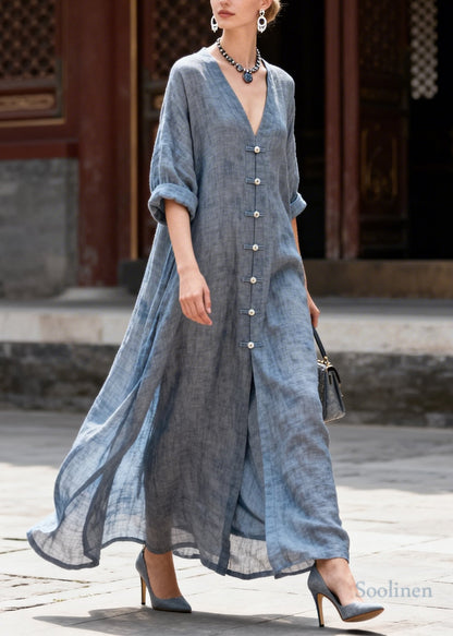 Vintage Grey Oversized Chinese Button Cotton Shirt Dresses Summer
