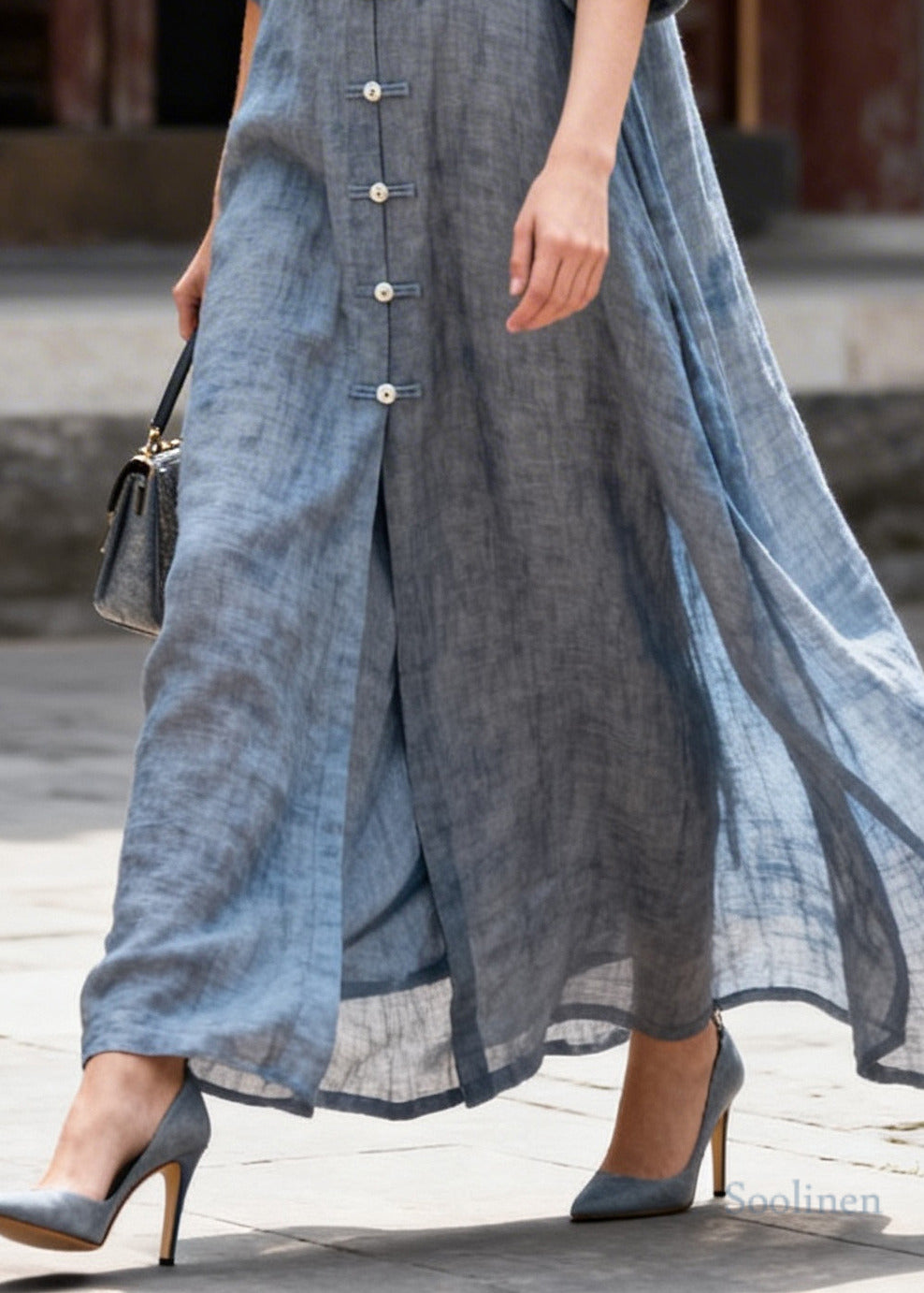Vintage Grey Oversized Chinese Button Cotton Shirt Dresses Summer