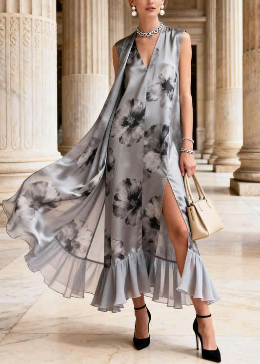 Vintage Grey Print Side Open Chiffon Long Dress Summer