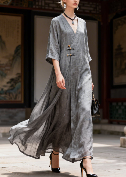 Vintage Grey V Neck Button Patchwork Cotton Long Dress Summer