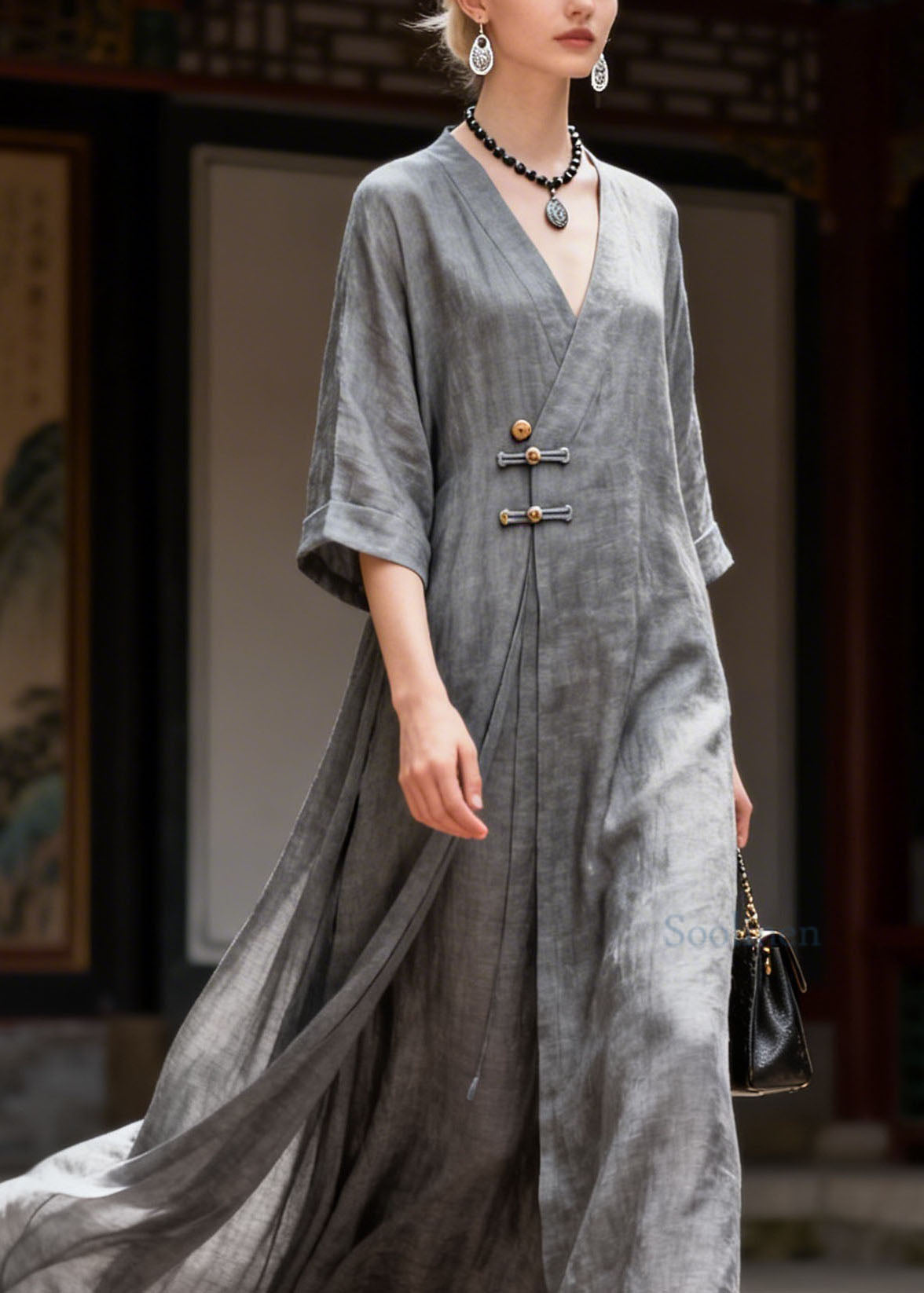Vintage Grey V Neck Button Patchwork Cotton Long Dress Summer