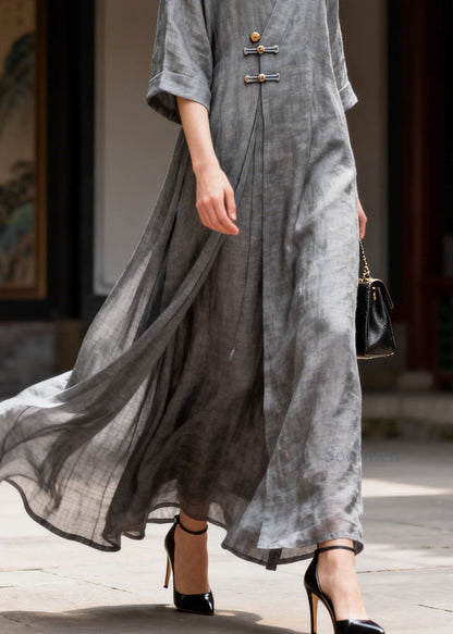 Vintage Grey V Neck Button Patchwork Cotton Long Dress Summer