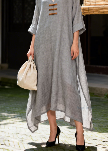 Vintage Grey V Neck Patchwork Cotton Long Dress Summer